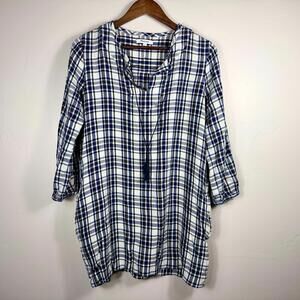 Madewell Plaid Tunic Top Womens Size Large Blue White Check Viscose Boho Casual